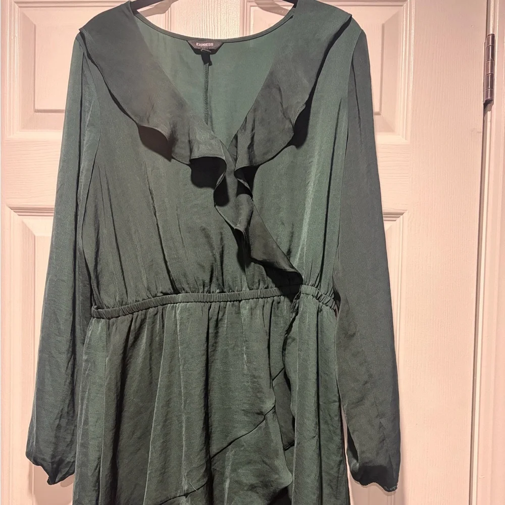Express | Dresses | Express Emerald Green Long Sleeve Ruffle Wrap Dress Size Large